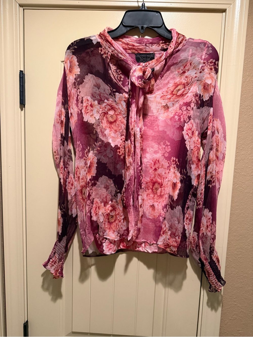 Johnny Was Floral Tie-Neck Blouse in Pink and Plum